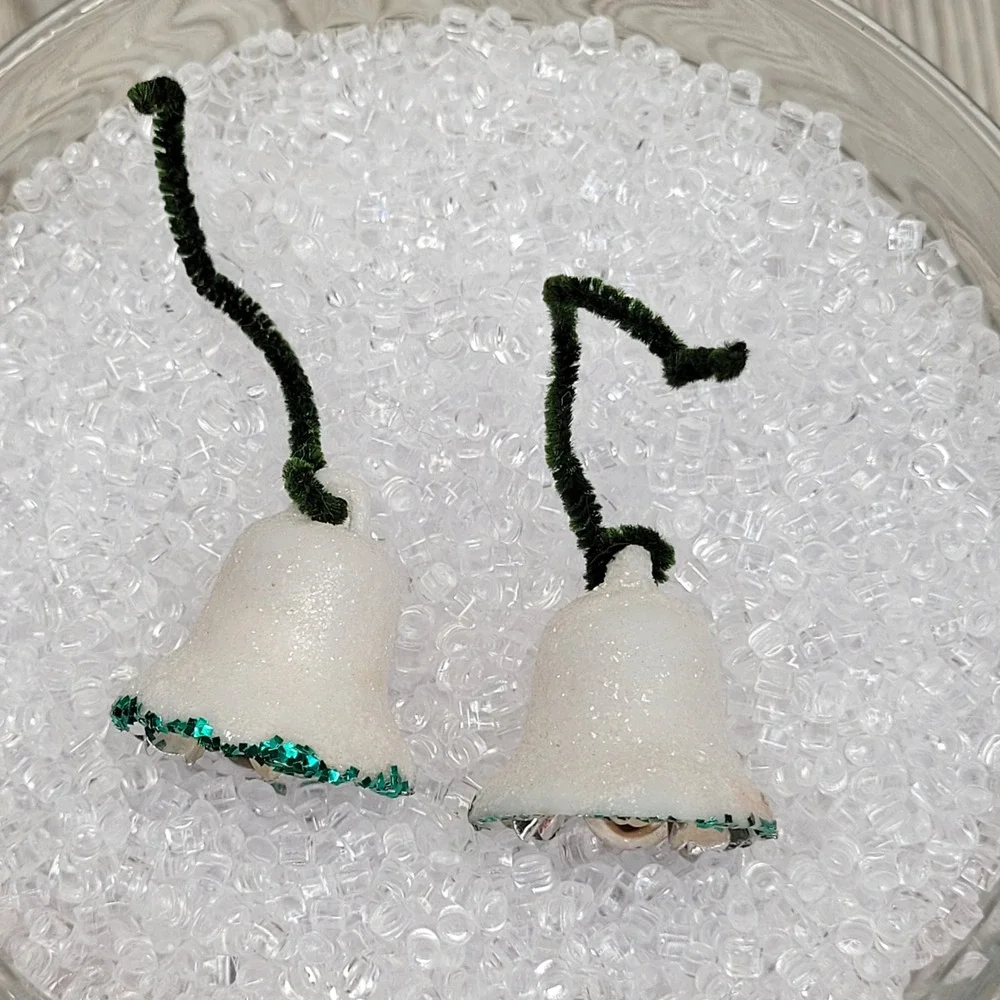 2 Green Glitter Sugar White Bells Insert Pipe Cleaner‎ Christmas Tree Ornament
